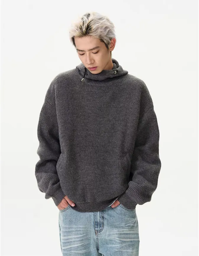 Ribbed High Collar Hoodie Knit Sweater