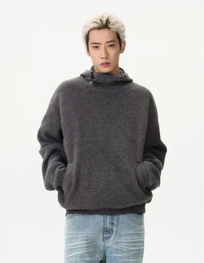 Ribbed High Collar Hoodie Knit Sweater