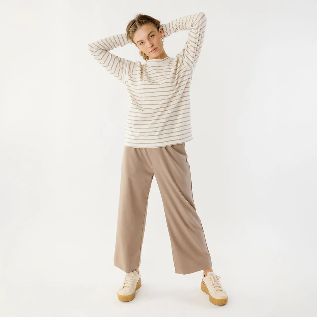 Riley Long Sleeve Stripe Tee, Ivory/Brown