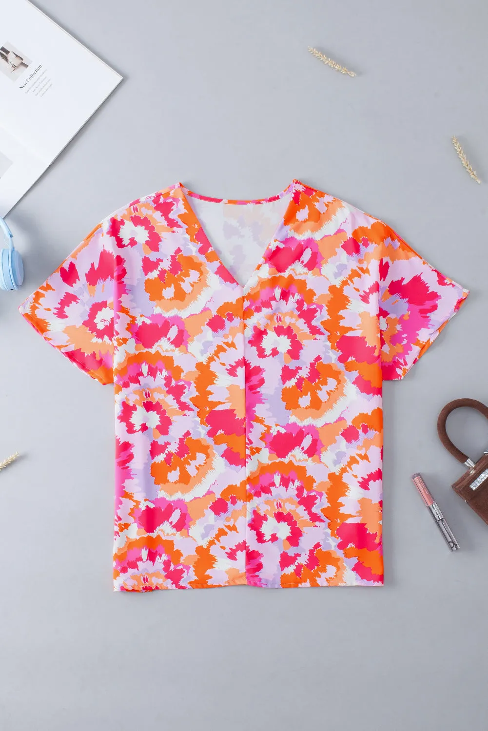 Rose Red Abstract Print V Neck Summer Blouse