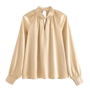 Satin Long Sleeve Cut Out Mock Neck Blouse