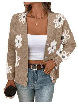 SHENHE Women's Floral Print Button Down Cardigan V Neck Drop Shoulder Knit Outerwear Khaki X-Large