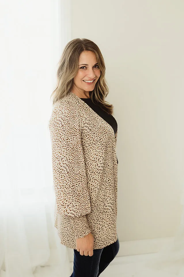 Shirred Cuff Leopard Cardigan