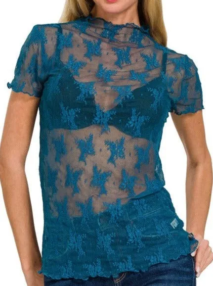 Short Sleeve Lace Layer Top   Teal