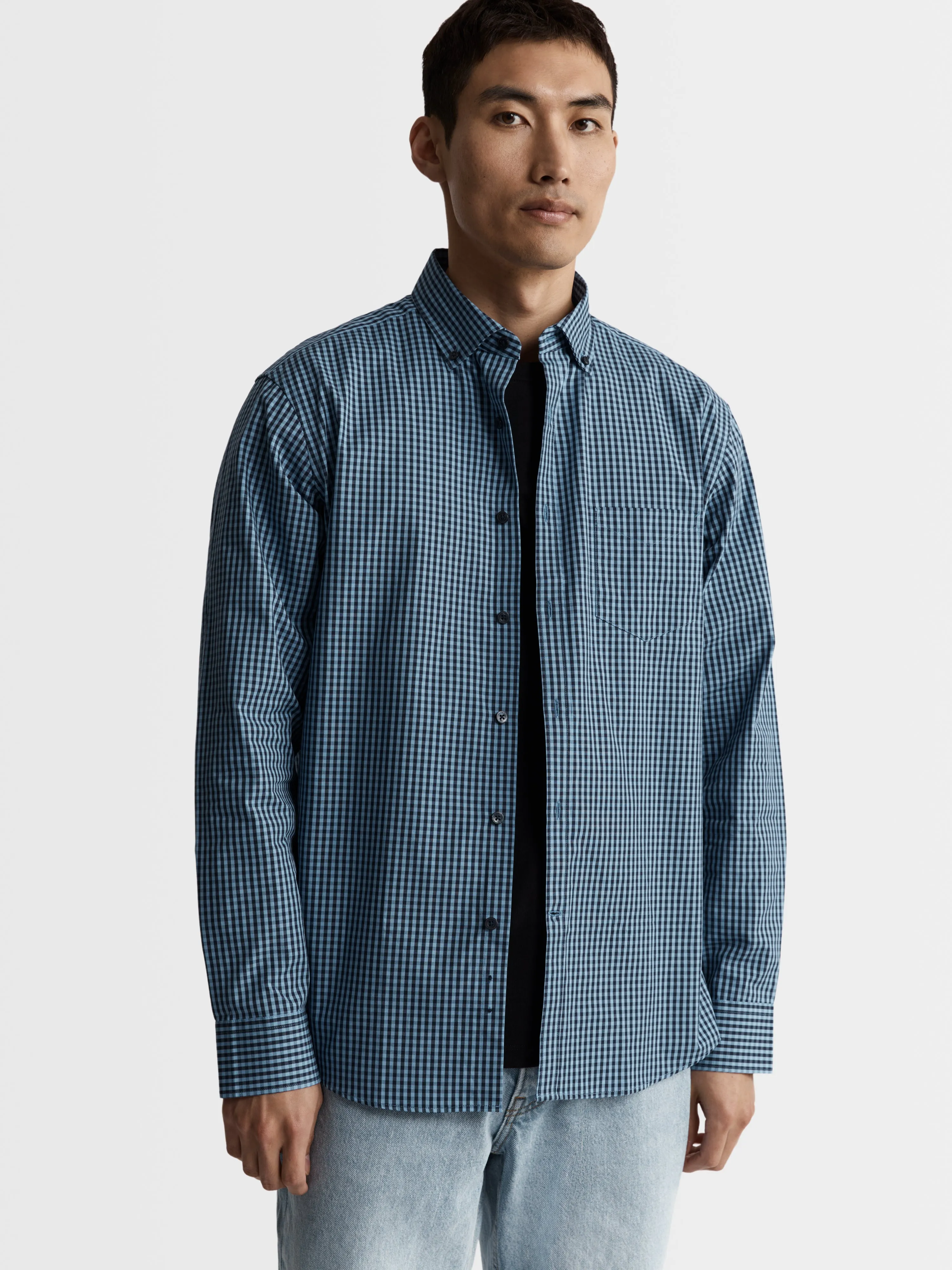 Slim Fit Blue & Navy Gingham Oxford Weave Shirt