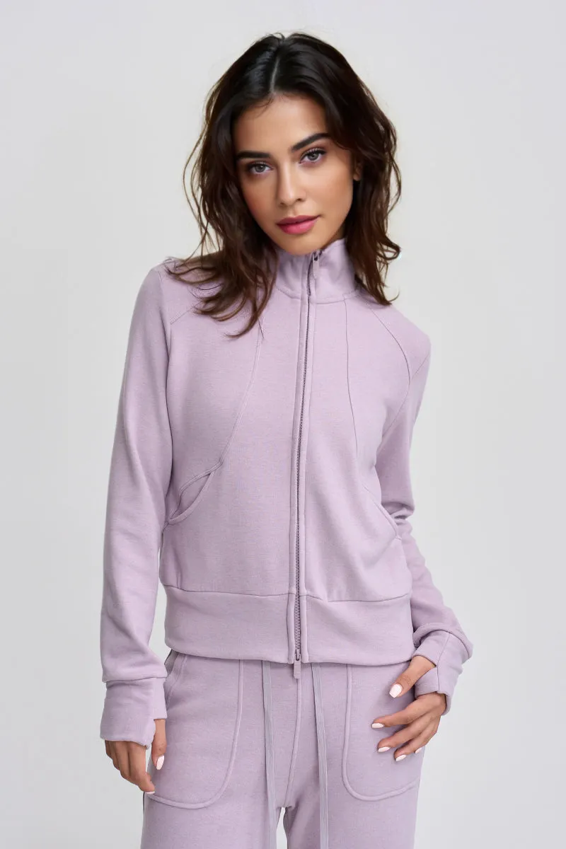 Soft Acetate-Cashmere Blend Double Zip Funnel Neck Sweatshirt with Thumb Holes