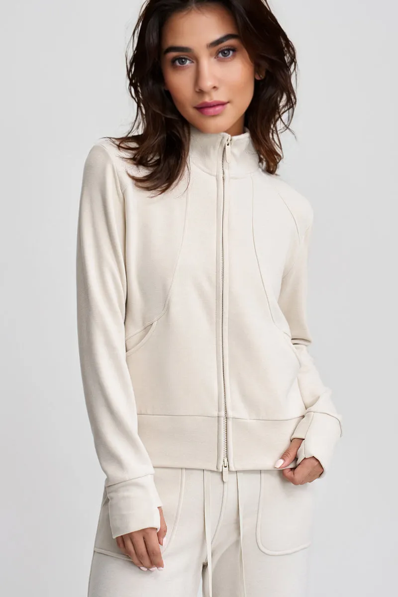 Soft Acetate-Cashmere Blend Double Zip Funnel Neck Sweatshirt with Thumb Holes