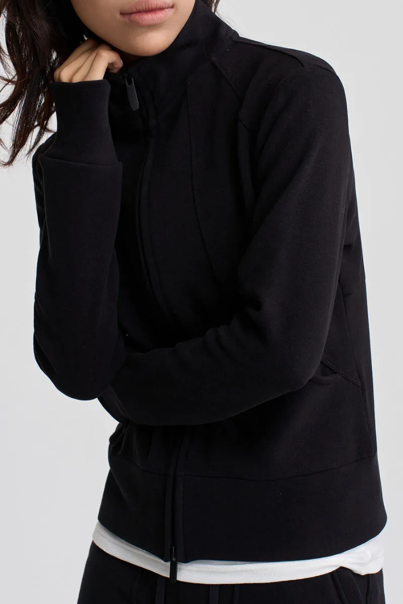 Soft Acetate-Cashmere Blend Double Zip Funnel Neck Sweatshirt with Thumb Holes