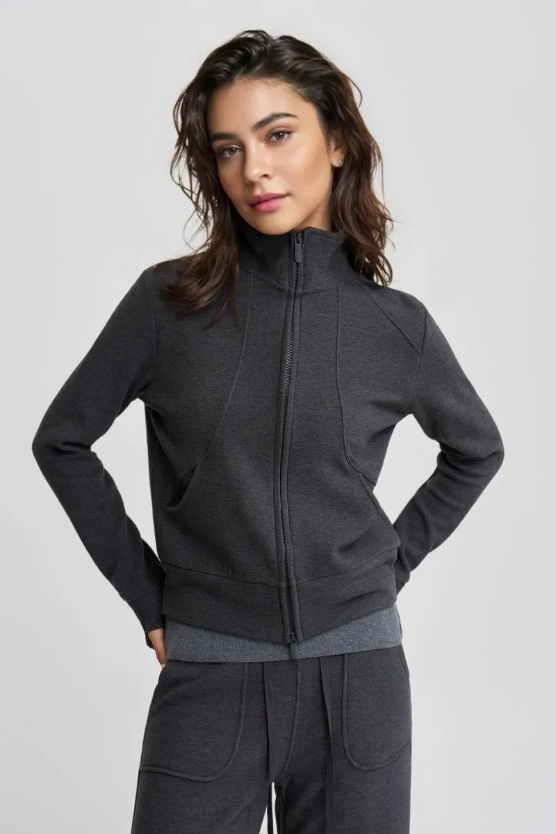 Soft Acetate-Cashmere Blend Double Zip Funnel Neck Sweatshirt with Thumb Holes