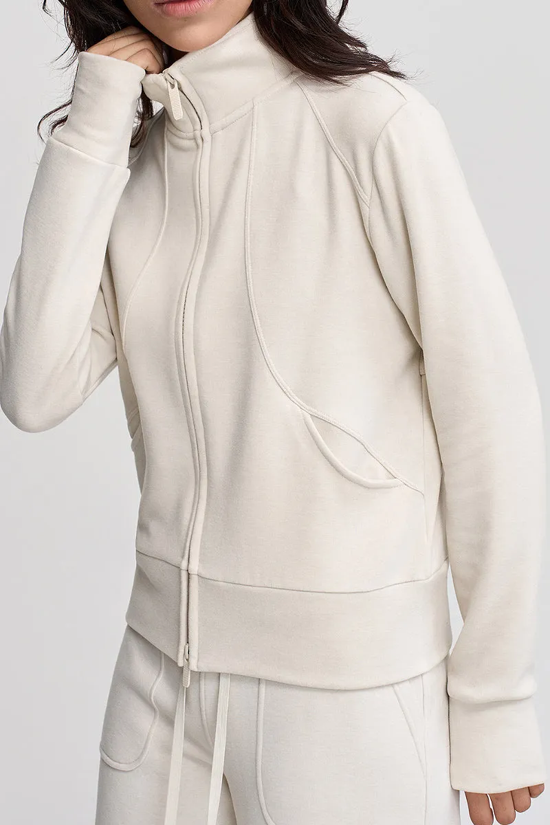 Soft Acetate-Cashmere Blend Double Zip Funnel Neck Sweatshirt with Thumb Holes