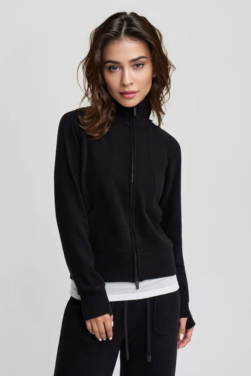 Soft Acetate-Cashmere Blend Double Zip Funnel Neck Sweatshirt with Thumb Holes