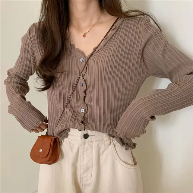 Spring Autumn Women's Long-Sleeved Knit Cardigan Purple Tops New V-Neck Sweaters