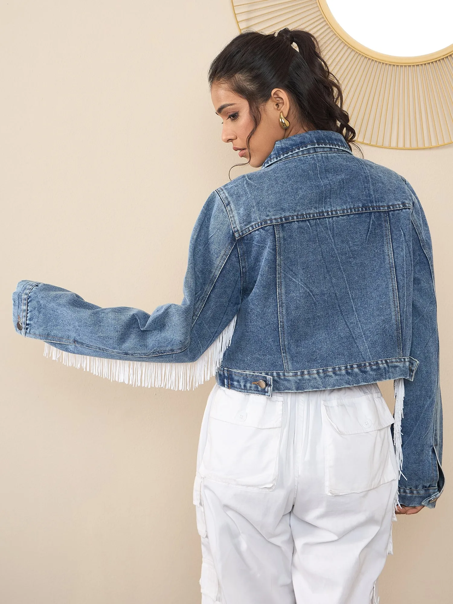 StyleStone Women's Denim Crop Jacket with Front Fringes