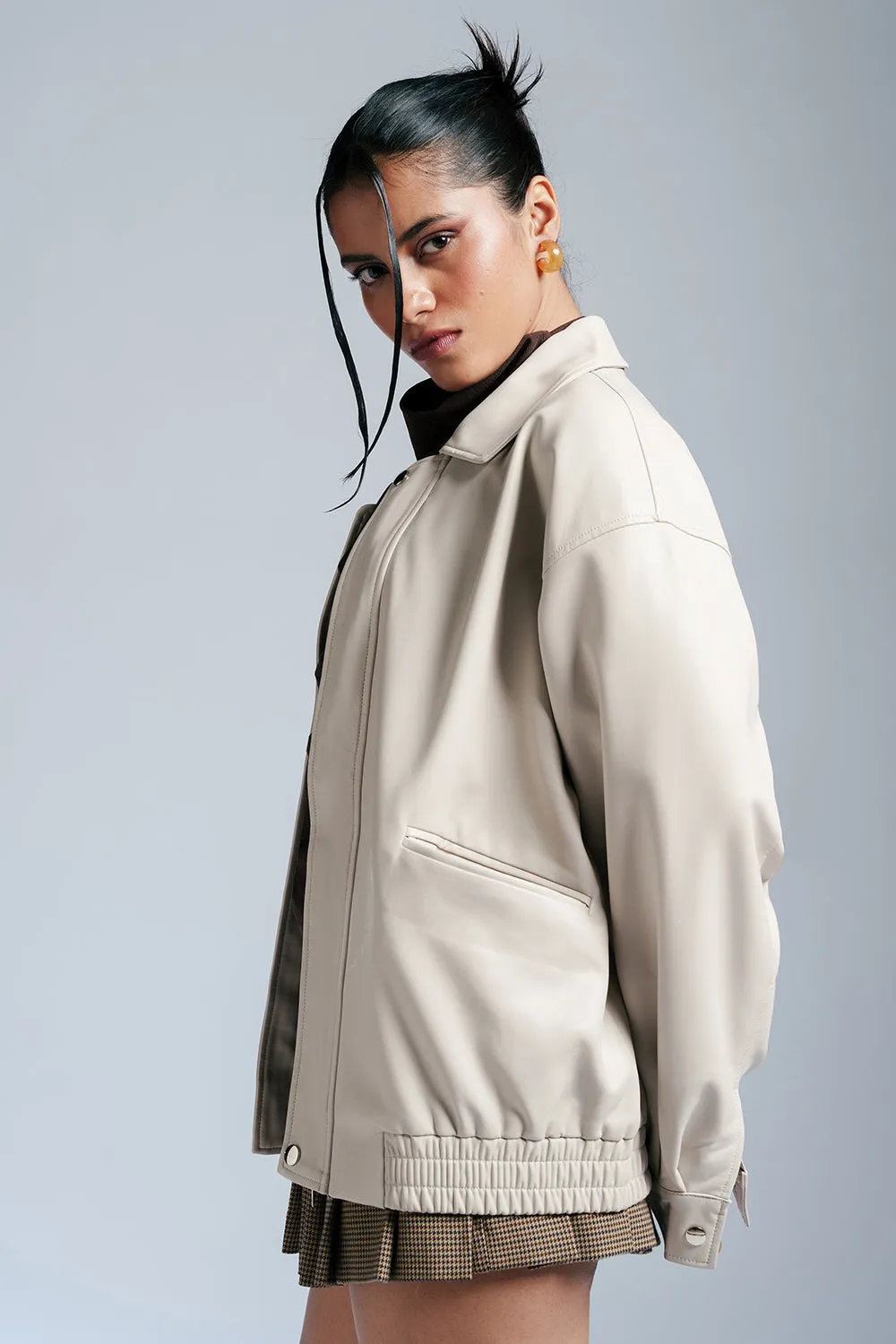 Tranquil White Leather Bomber Jacket