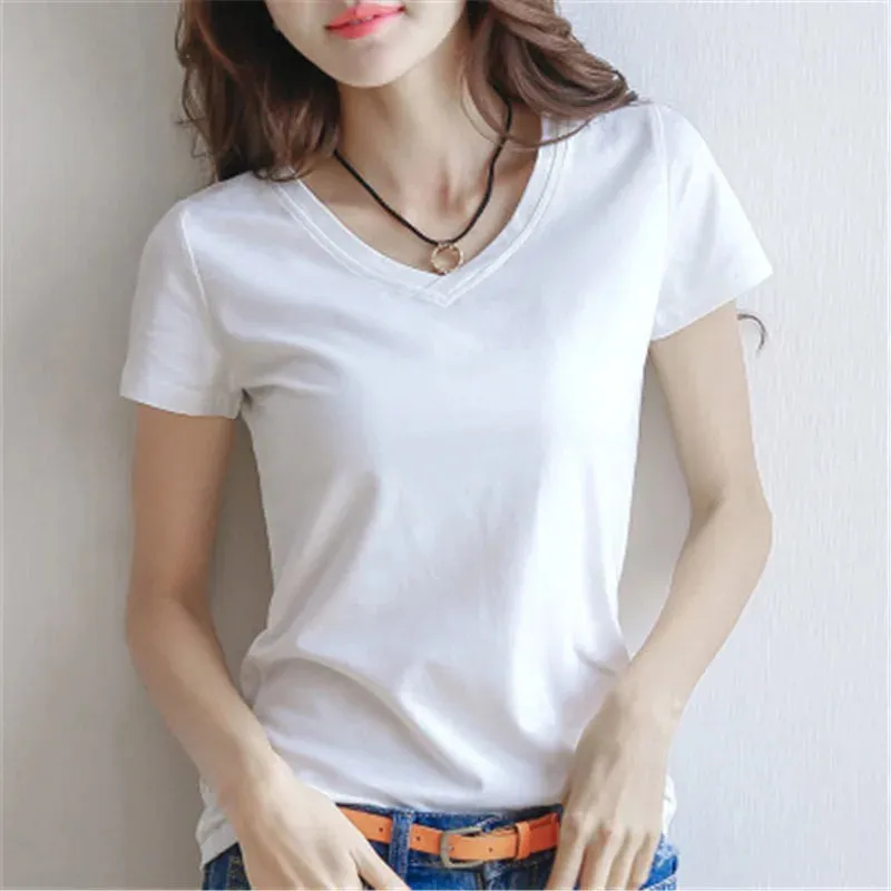 V-Neck Slim Fit Cotton Tee for Women - Casual Short Sleeve T-Shirt in Classic White and Black