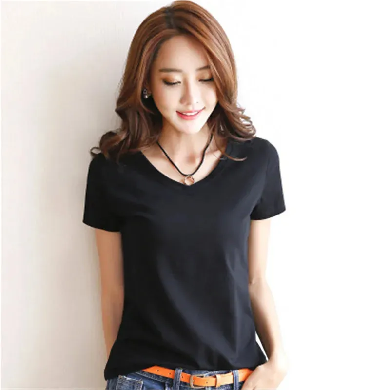 V-Neck Slim Fit Cotton Tee for Women - Casual Short Sleeve T-Shirt in Classic White and Black