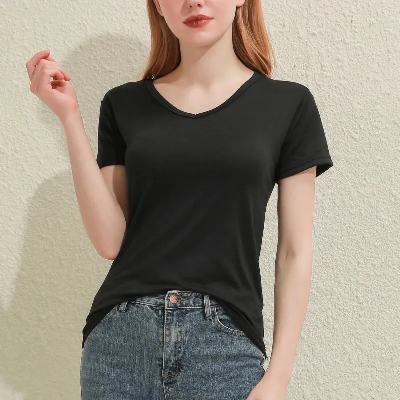 V-Neck Slim Fit Cotton Tee for Women - Casual Short Sleeve T-Shirt in Classic White and Black