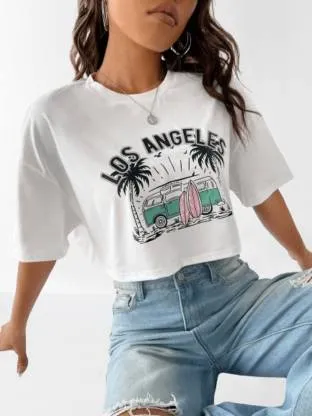 White Relaxed Fit  Round Neck Crop Top