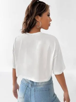 White Relaxed Fit  Round Neck Crop Top