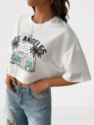 White Relaxed Fit  Round Neck Crop Top