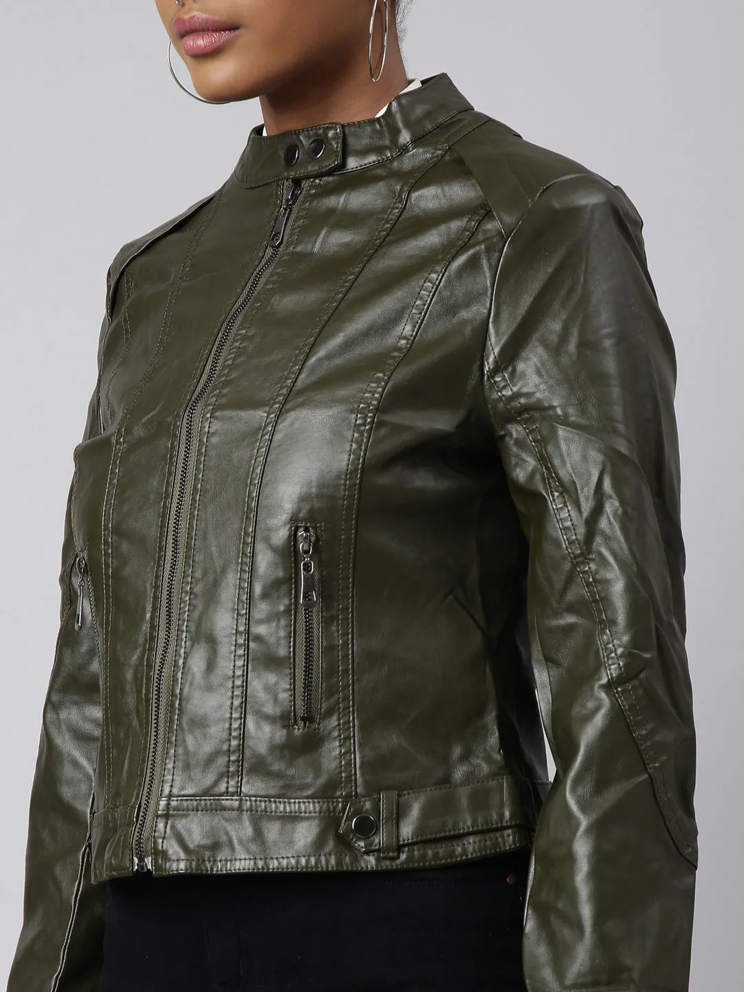 Women Solid Olive Biker Jacket