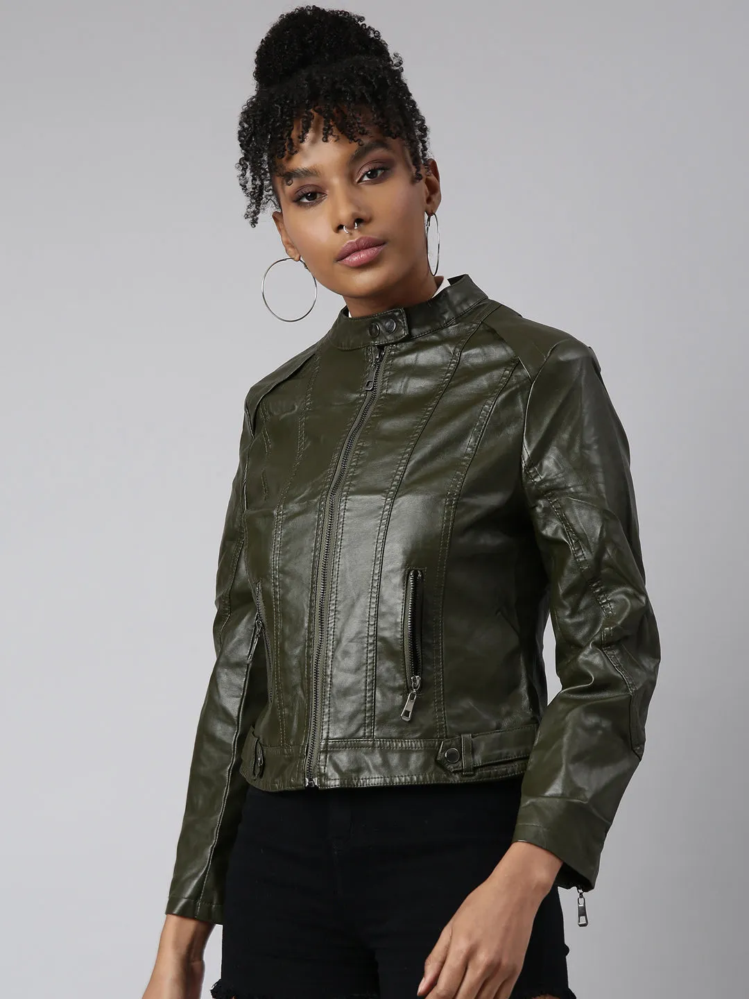 Women Solid Olive Biker Jacket