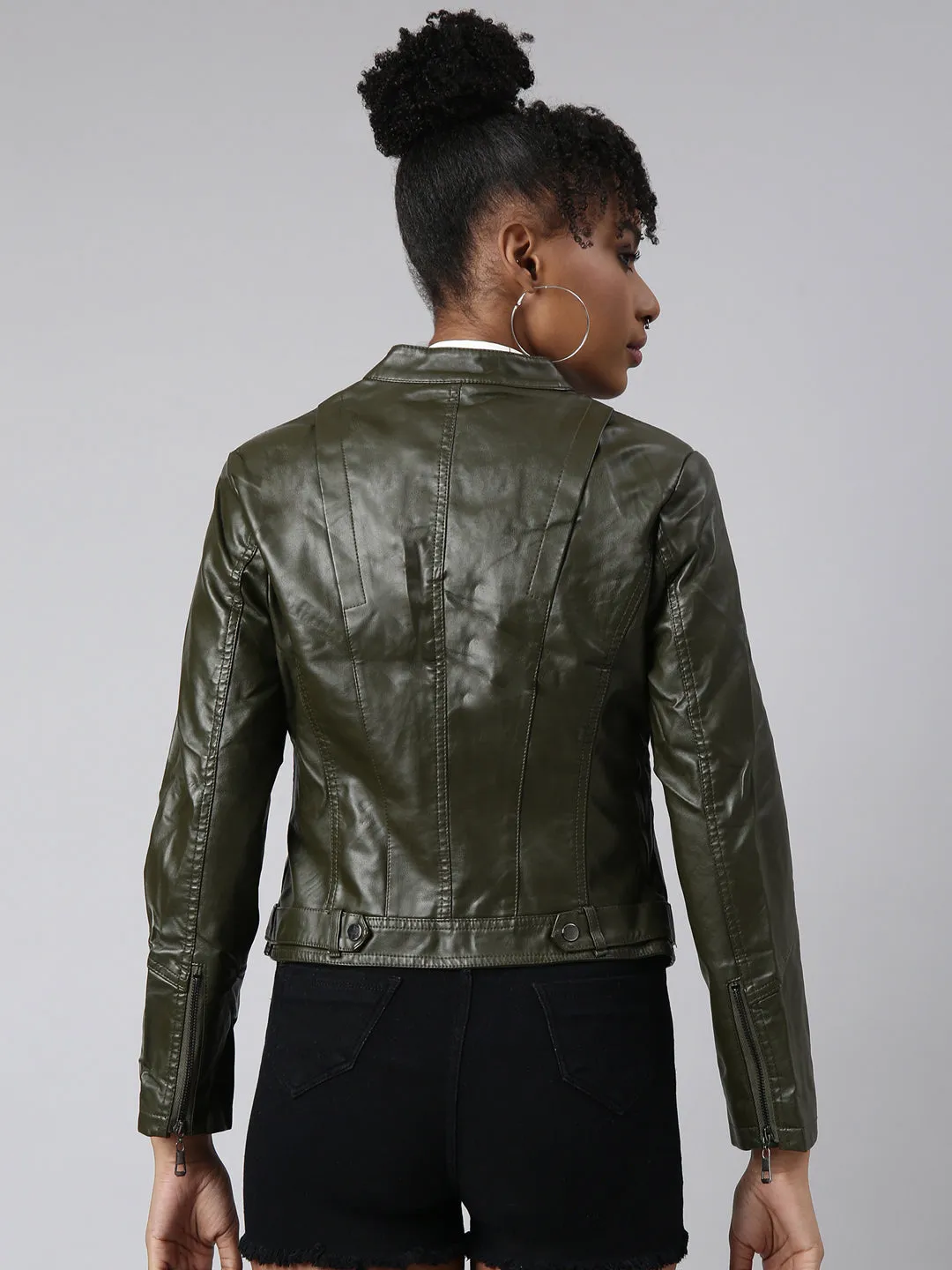 Women Solid Olive Biker Jacket