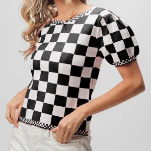 Women's Black & White Checked Puff Sleeve Shirt