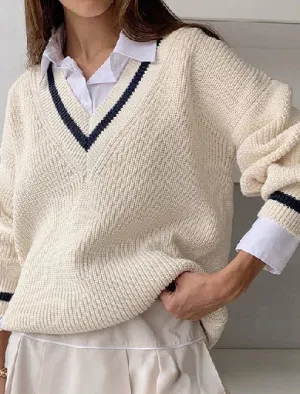 Womens Oversized Knitted Collegiate Preppy Go Team VNeck Sweater