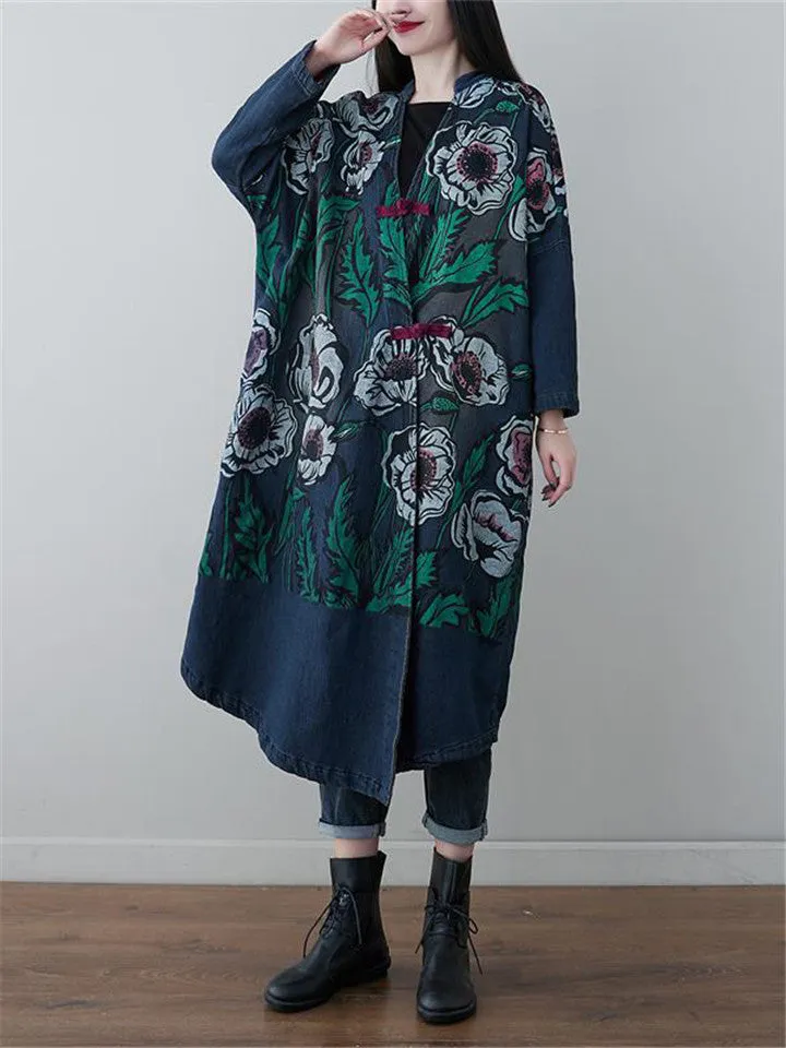 Women's Vintage Floral Printed Casual Loose Long Jacket