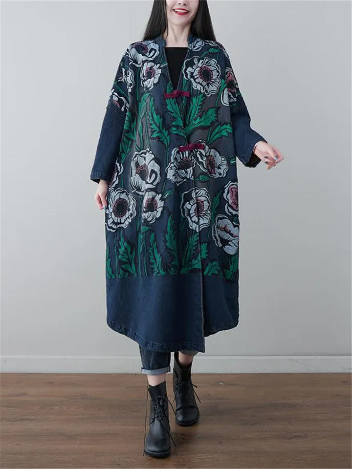 Women's Vintage Floral Printed Casual Loose Long Jacket