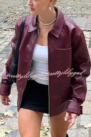 Y2K Burgundy Faux Leather Pocketed Zipper Loose Jacket